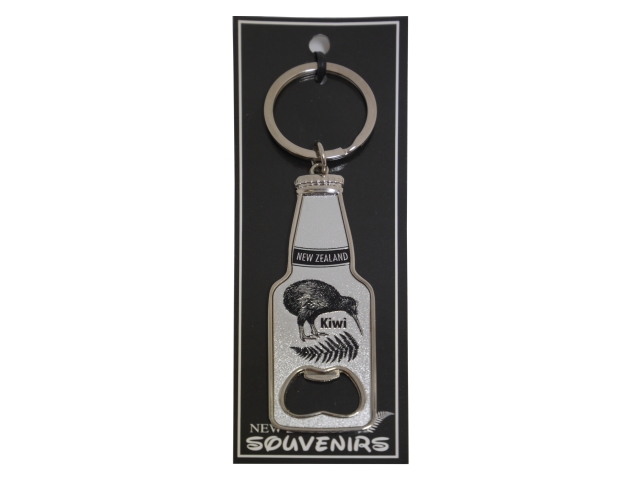 啤酒瓶状金属开瓶器钥匙扣，带有几维鸟银蕨图案